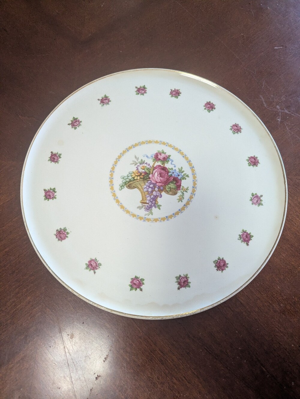 1920s Porcelain Cake Plate  Tray with Pink Rose Bouquet and Gold Trim